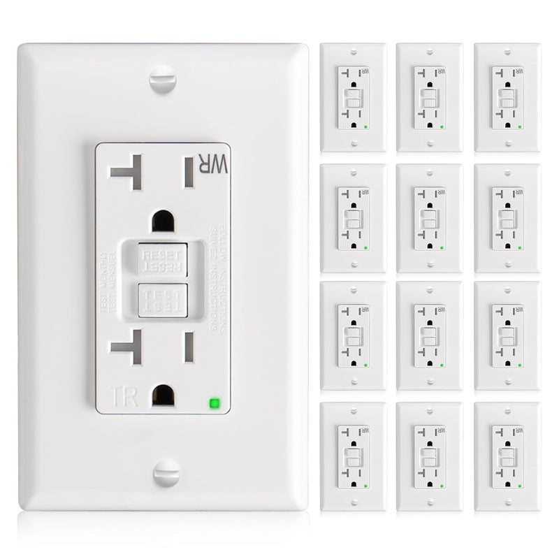 Amico GFCI Outlet 20 Amp with Thinner Design 12 Pack, Weather Resistant (WR), Self-Test GFI Receptacles with LED Indicator, Wall Plates and Screws Included, Indoor or Outdoor, ETL Listed, White - Image 1